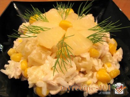 Salad with chicken filet and pineapples