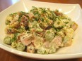 Salad with croutons, peas and smoked...