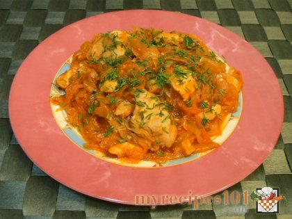 Sour cabbage stewed with chicken filet