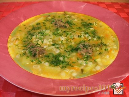 Soup with meat and pickled cucumbers