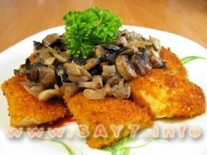 Fried halibut with mushrooms
