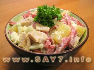 Salad with sausage, potatoes and mushrooms