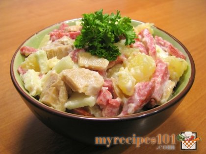 Salad with sausage, potatoes and mushrooms