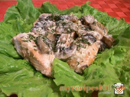 Fried humpback salmon with mushrooms