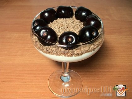 Curd desert with chocolate and sweet cherry