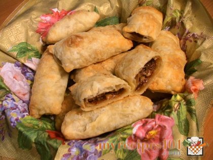 Puff pies with nuts and boiled condensed milk